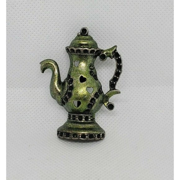 Rare Green Tea Kettle Lapel Pin Heart Embossed Hat Brooch - Picture 1 of 10